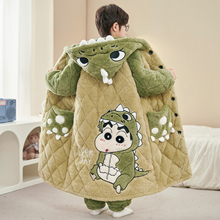 男童冬季睡衣法兰绒儿童珊瑚绒三层夹棉蜡笔小新中长款睡袍家居服