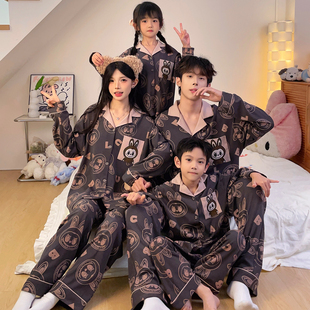 亲子装一家三四口翻领睡衣卡通拉布布纯棉长袖春秋母女父子家庭装