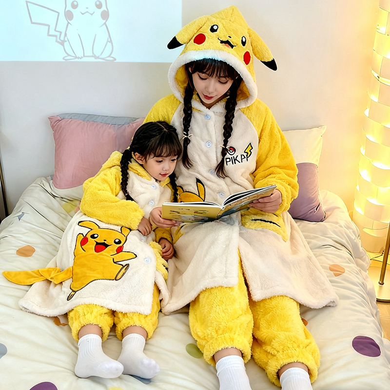 冬季女童睡袍皮卡丘儿童法兰绒