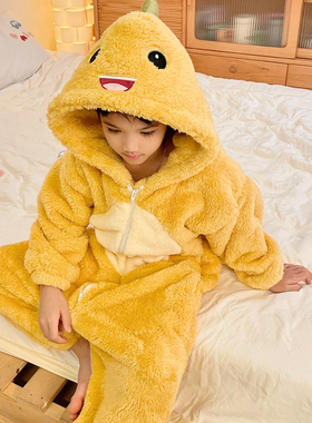 小奶龙男童连体拉链睡衣秋冬法兰绒男孩珊瑚绒加厚儿童保暖家居服