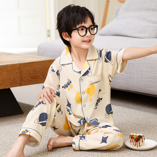 2025新款男童睡衣夏季卡通云朵棉短袖长裤儿童宝宝空调装家居服薄