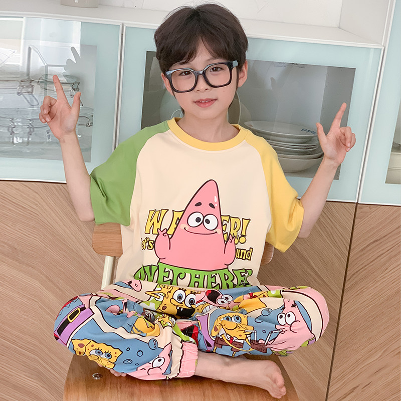 儿童睡衣男童纯棉短袖长裤夏季薄款全棉男孩卡通中大童空调家居服