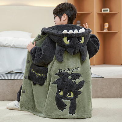 男童睡袍秋冬季珊瑚绒睡衣恐龙