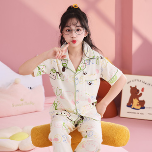 云朵棉女童睡衣短袖长裤薄夏季女孩中大童卡通儿童宝宝家居服套装