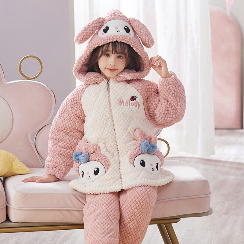美乐蒂冬季女童睡衣珊瑚绒三层夹棉加厚儿童法兰绒拉链家居服套装