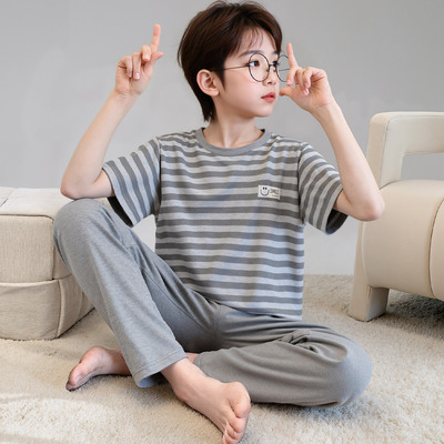 男童纯棉睡衣夏季短袖长裤薄款