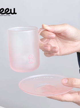 seeu水晶果冻玻璃杯碟小狗马克杯咖啡杯子ins风磨砂水杯320ml