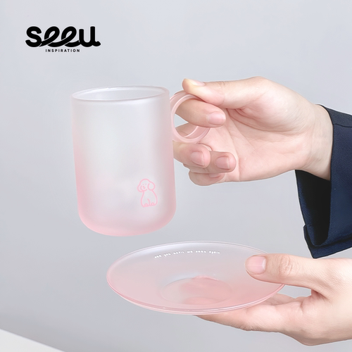seeu水晶果冻玻璃杯碟小狗马克杯咖啡杯子ins风磨砂水杯320ml