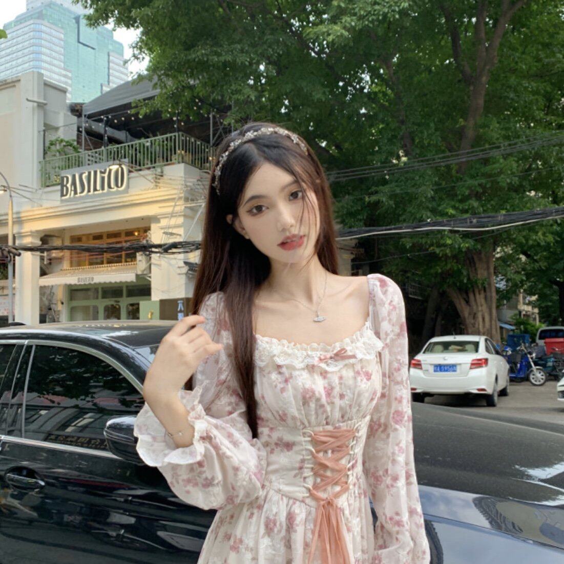 实拍~2025大码秋季新款法式复古甜美碎花高腰显瘦雪纺刺绣连衣裙 - 淘宝联盟商品