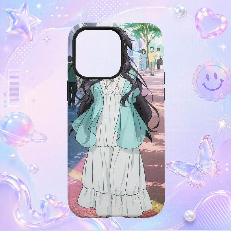清新动漫长发少女白裙街景插画适用于苹果三星华为小米手机壳防摔保护套镜头全包
