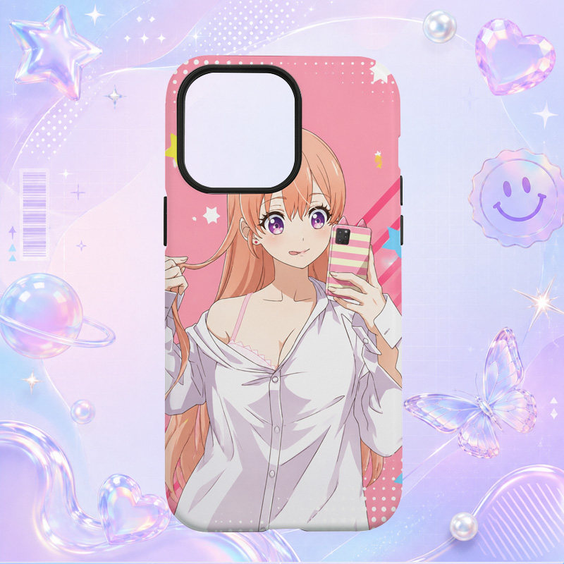甜美动漫粉发少女白色衬衫插画适用于苹果三星华为小米手机壳防摔保护套镜头全包