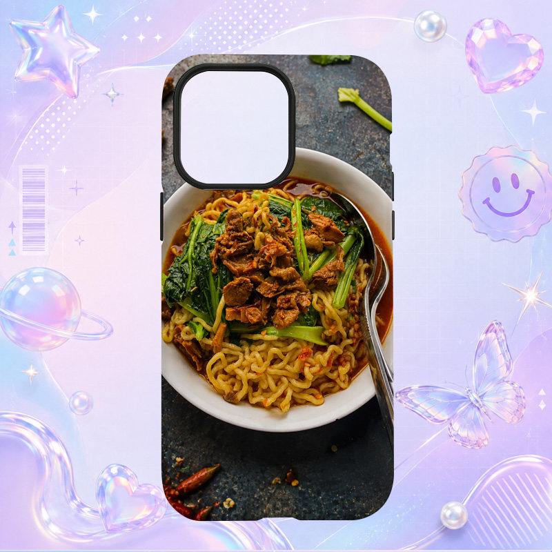 亚洲美食铁锅炒面青菜配料近景适用于苹果三星华为小米手机壳防摔保护套镜头全包