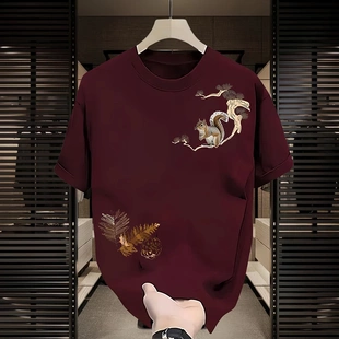 美式高街重磅纯棉红色短袖t恤男款夏季潮流潮牌宽松大码男生上衣