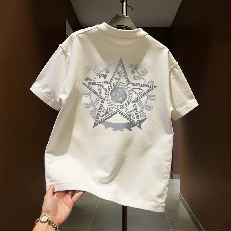 美式高街潮牌几何印花纯棉半袖T恤男款夏季白色正肩重磅短袖上衣图片