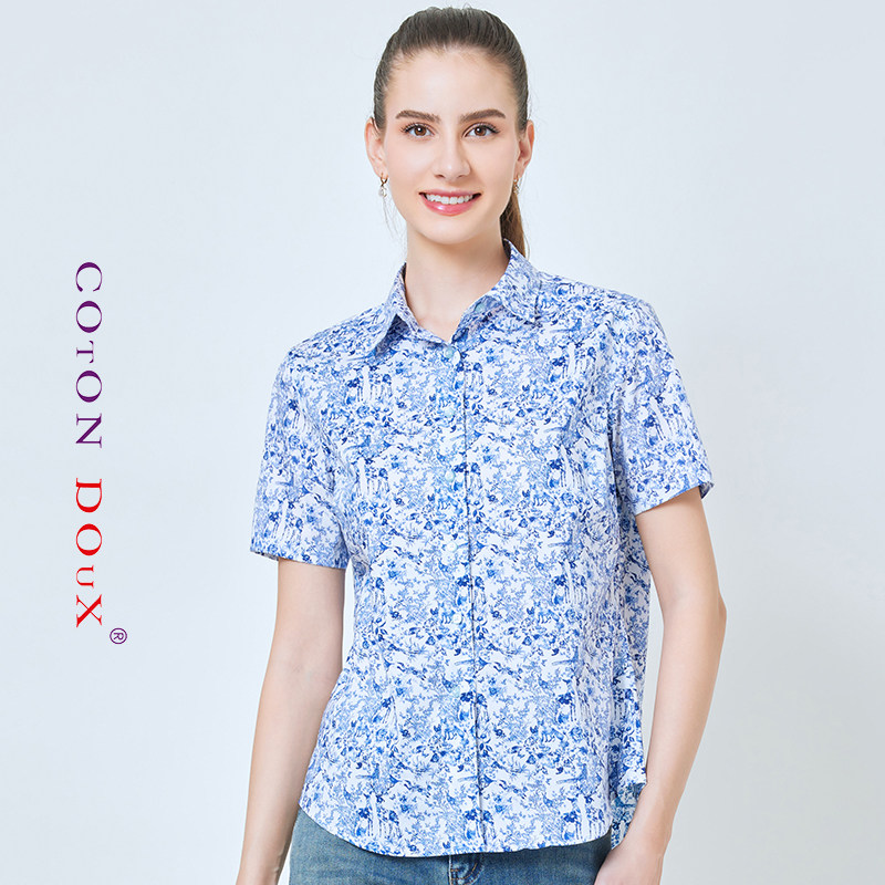 CotonDoux谷都丨高端女装品牌印花夏季短袖高级感碎花纯棉花衬衫