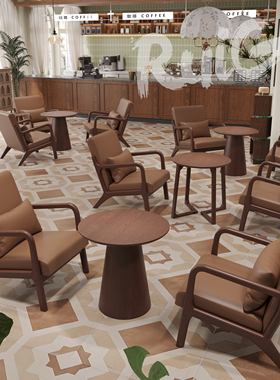 复古风实木咖啡厅甜品奶茶店民宿休闲区桌椅组合商用洽谈接待沙发