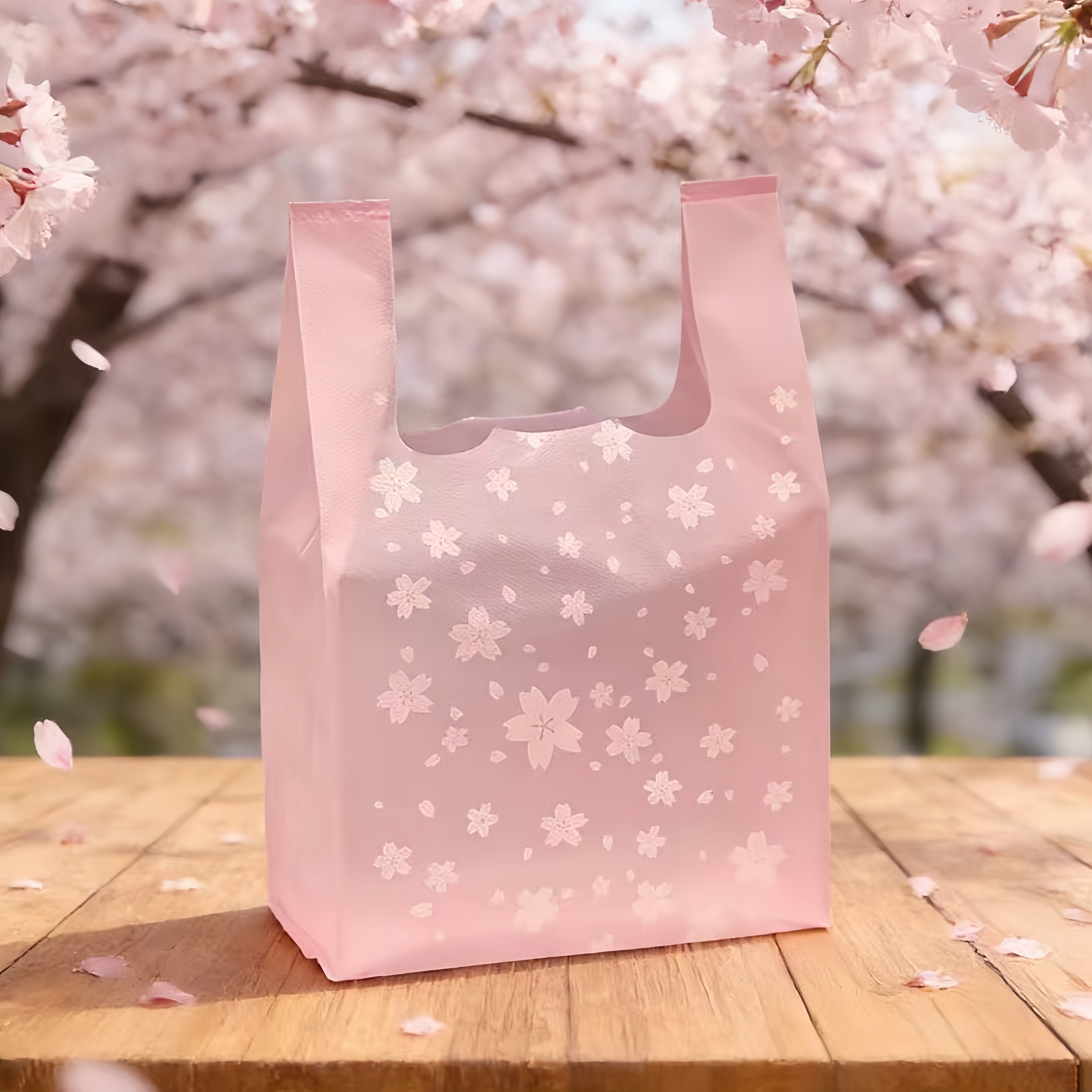 粉红色樱花图案塑料打包袋定做购物袋礼品袋外卖袋烘焙背心袋批发