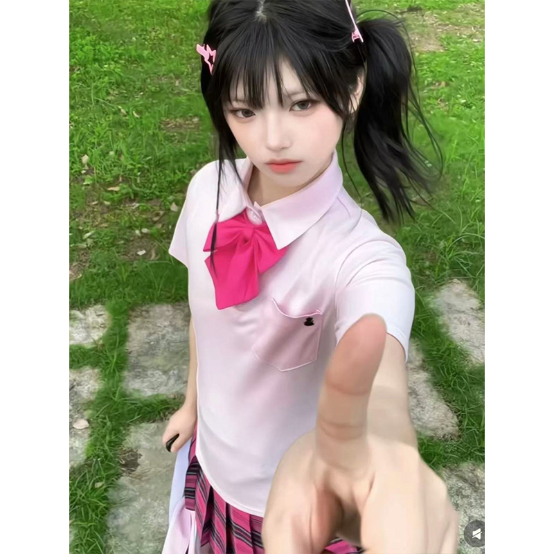新款套装日系JK制服Polo衫简约百搭T恤白色衬衫上衣百搭小玫JK裙