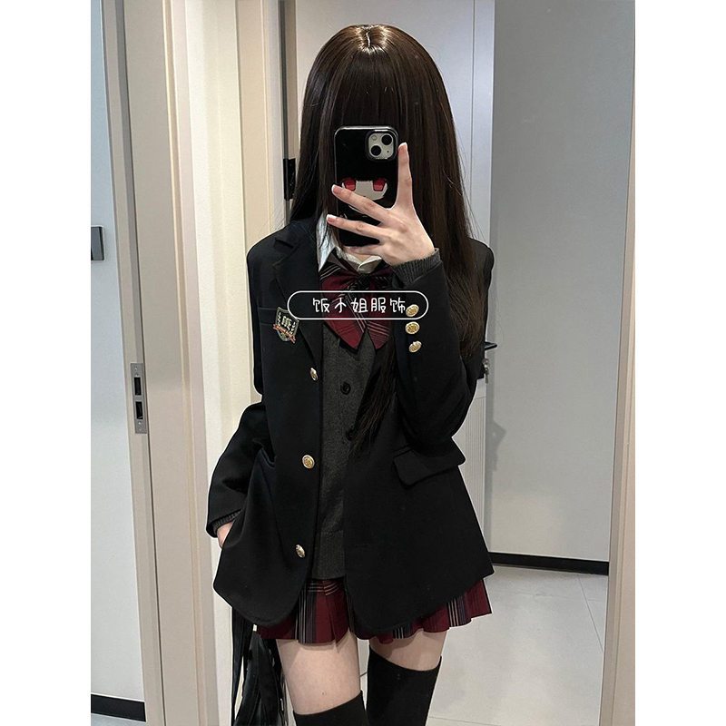 基础款百搭学院风小众黑西装时尚长袖衬衫叠穿开衫原创玄JK裙套装