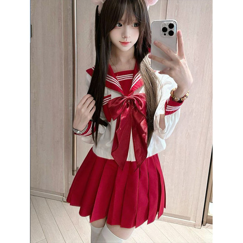 jk制服原创红三本长短袖衬衫日系学院风多巴胺红JK裙2025夏水手服