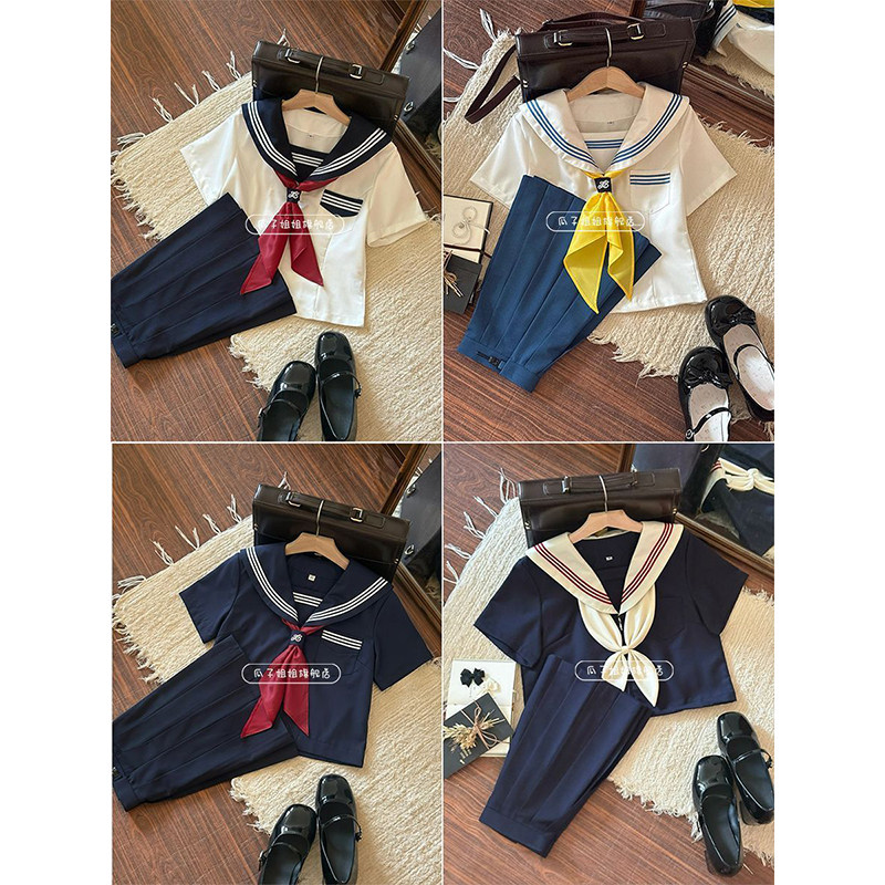 原创jk制服日系学院风海军领三本水手服基础款中间服双子jk套装女