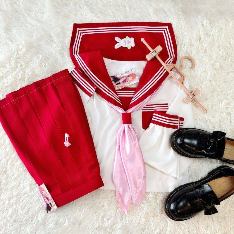 原创正版JK制服红色三本女生长短袖水手服学生短裙套装班服日系
