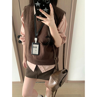 两件套装 韩系学院风复古百搭针织马甲背心女冬季 衬衫 粉色长袖 新款