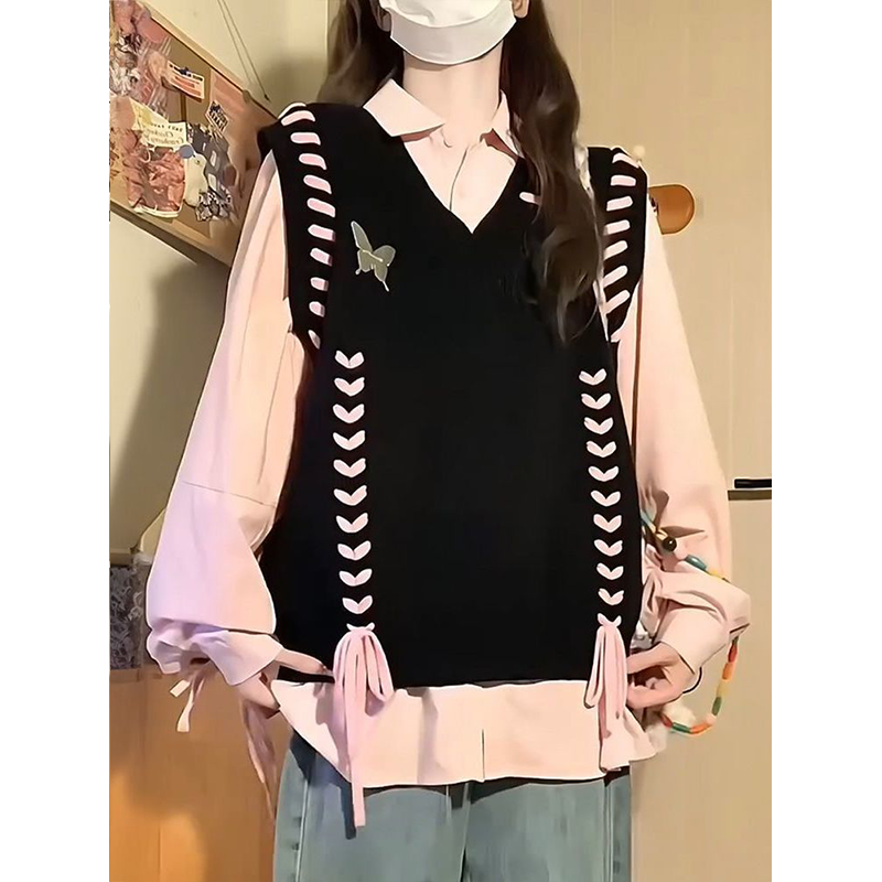 韩系叠穿马甲粉色衬衫两件套装重工设计感抽绳针织衫马甲背心毛衣