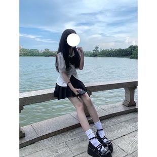 学院风系带短袖 女衬衫 新款 套装 纯欲风jk制服收腰显瘦衬衣百褶裙子