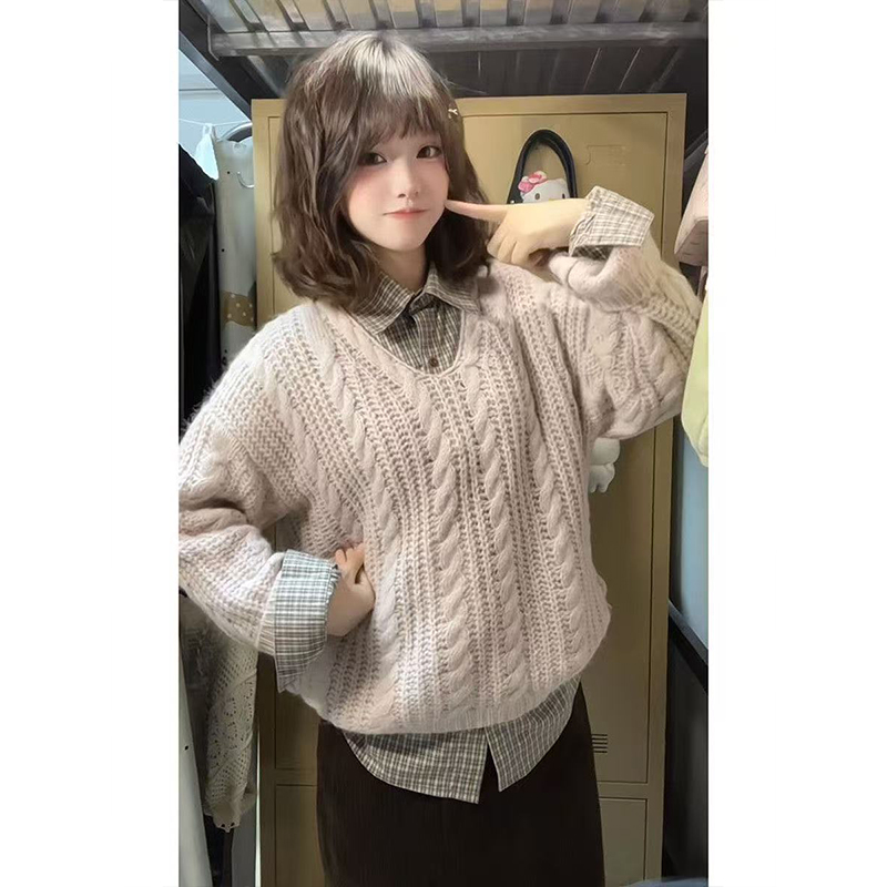 早秋韩版甜美风粉色麻花针织套头毛衣女叠穿百搭格纹衬衫两件套装