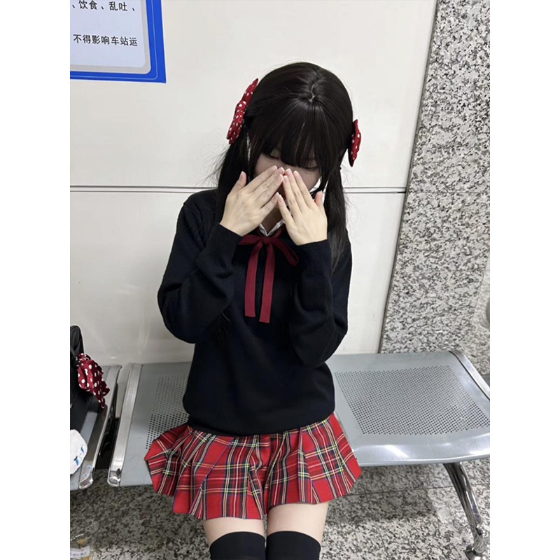 jk制服小辣椒格裙套装女秋叠穿套头毛衣日系学院风长袖针织衫外套