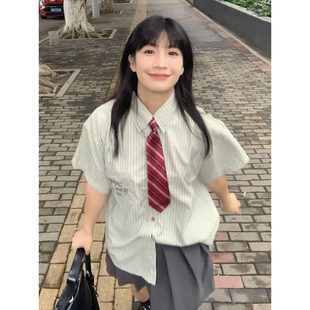 复古学院宽松上衣高腰百褶半身裙潮 慵懒风条纹短袖 衬衫 套装 女夏季