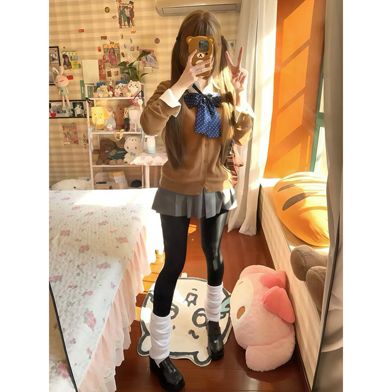 学院风穿搭开衫V领针织衫毛衣叠穿上衣慵懒风套装JK制服百褶短裙