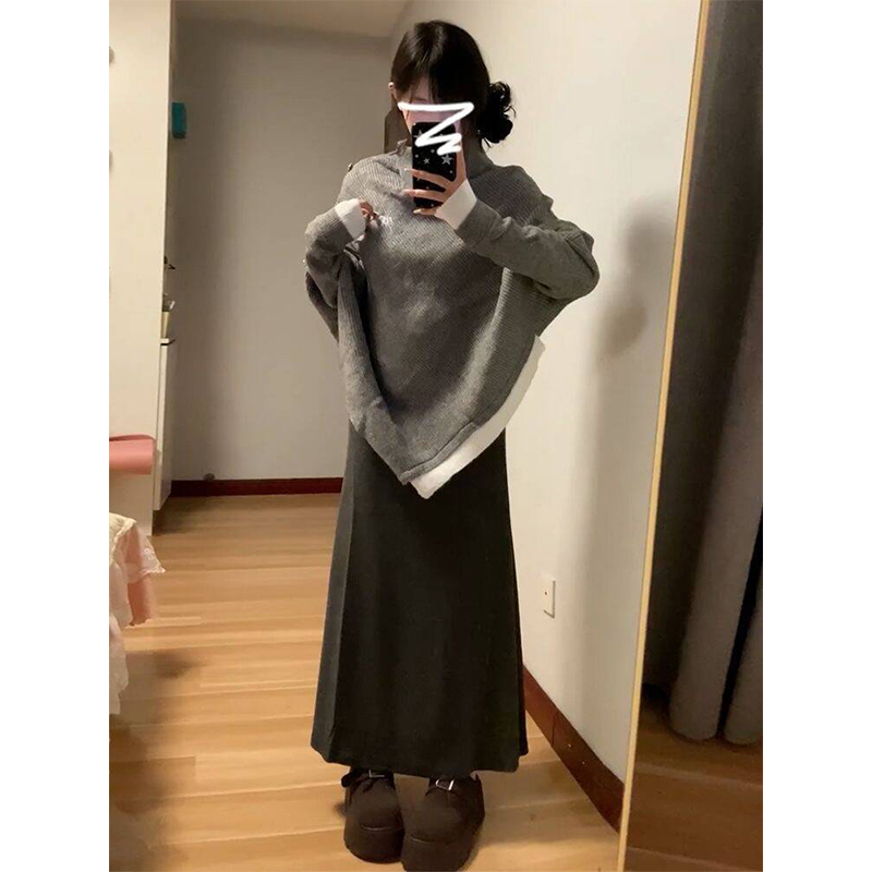 秋季新款慵懒风宽松不规则斗篷针织衫毛衣女+高腰显瘦半身裙套装