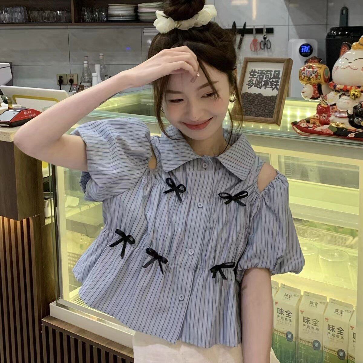 条纹单排扣泡泡袖小个子上衣收腰显瘦衬衣手工小蝴蝶结娃娃领衬衫,女装/女士精品,时尚套装,淘宝优惠券,粉丝福利购,淘宝优惠卷