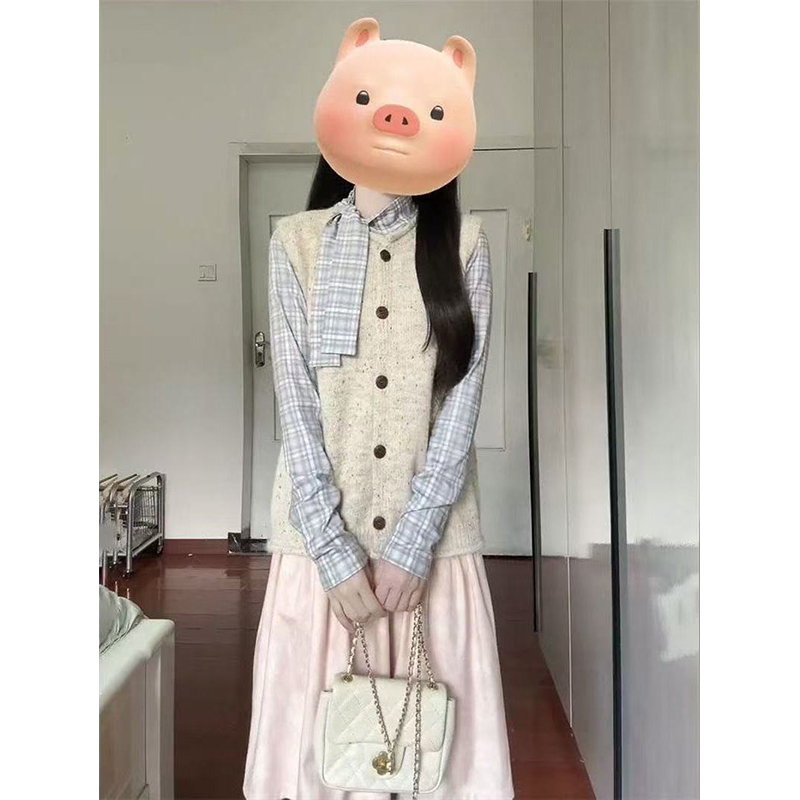 韩版学院风气质复古针织背心马甲毛衣女学生叠穿格纹衬衫两件套装