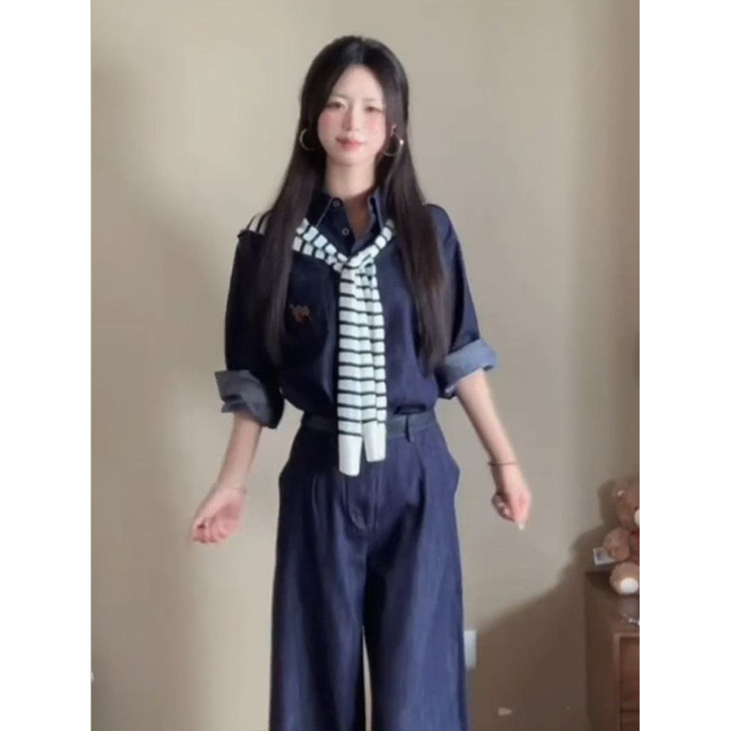学院风穿搭韩版长袖衬衫高腰阔腿长裤秋季百搭简约条纹披肩一整套,女装/女士精品,时尚套装,淘宝优惠券,粉丝福利购,淘宝优惠卷