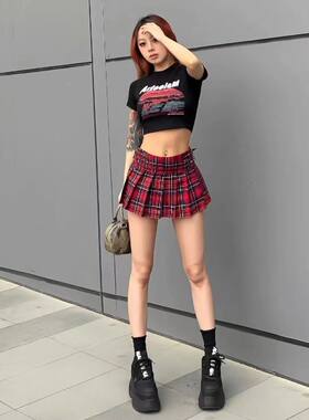 美式红格百褶裙女小个子高腰显瘦辣妹a字半身裙防走光超短裙裙裤