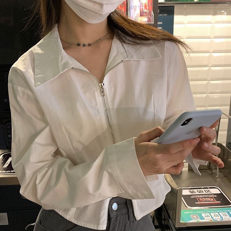韩系白色长袖衬衫女装早秋季新款设计感小众拉链宽松显瘦短款上衣