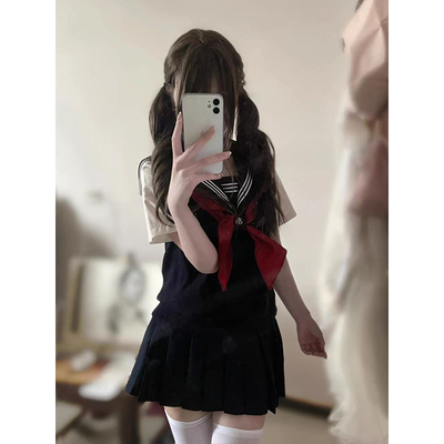 JK制服原创V领藏青色针织背心马甲学院风叠穿绀领短袖百搭绀JK裙