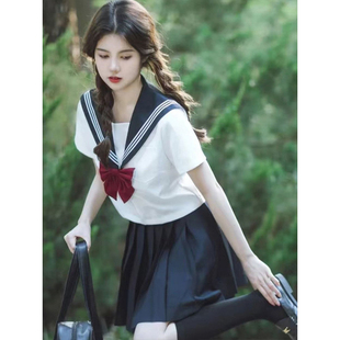 款 JK制服原创水手服套装 设计感百搭黑色百褶裙夏季 短袖 绀三本衬衫