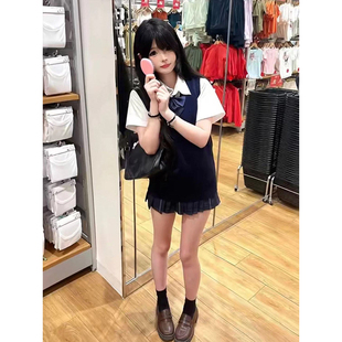 日漫感美少女jk制服针织衫背心套装原创百褶裙灰蓝格裙衬衣学院风