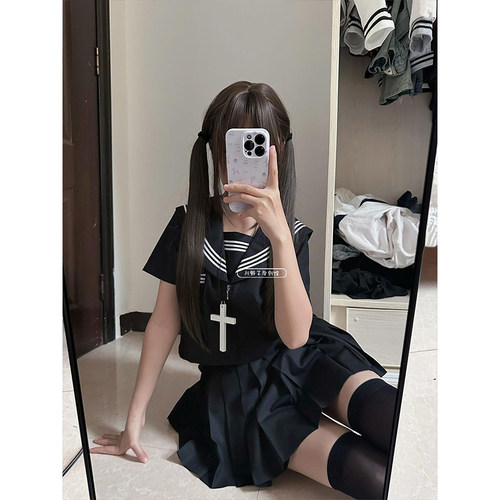 日系黑三本JK制服学院黑领短袖水手服校供百褶裙夏季短裙软妹套装