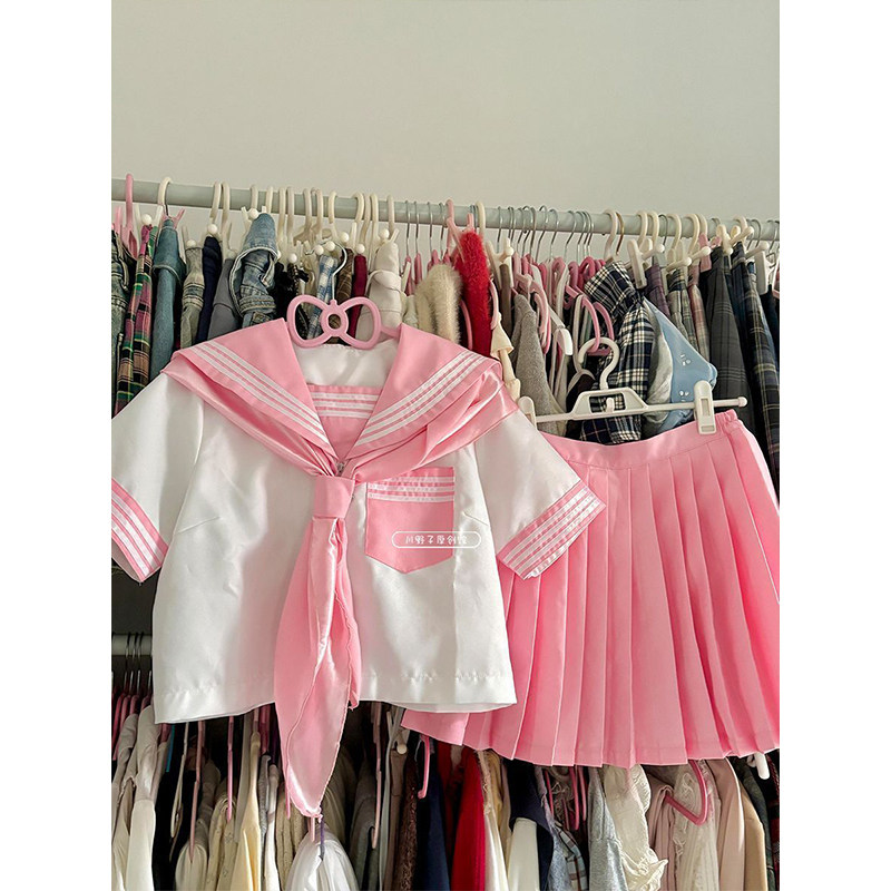 原创制服中间服学院风穿搭水手服粉色三本短袖衬衫JK短裙套装