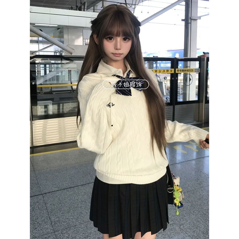 正版秋冬款白色麻花连帽毛衣百搭学院风长袖刺绣日系新款慵懒毛衣