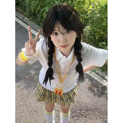 夏季套装白色POLO领短袖T恤衬衫学院风穿搭小杏中JK裙原创JK制服