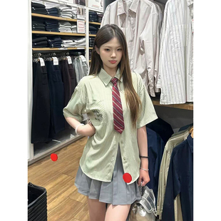 百褶裙套装 夏季 日系宽松学院风polo衫 港风复古绿色条纹衬衫 女短袖