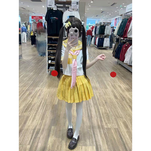 原创新款黄色三本中间服水手服短袖衬衫百搭JK裙学院风穿搭一整套