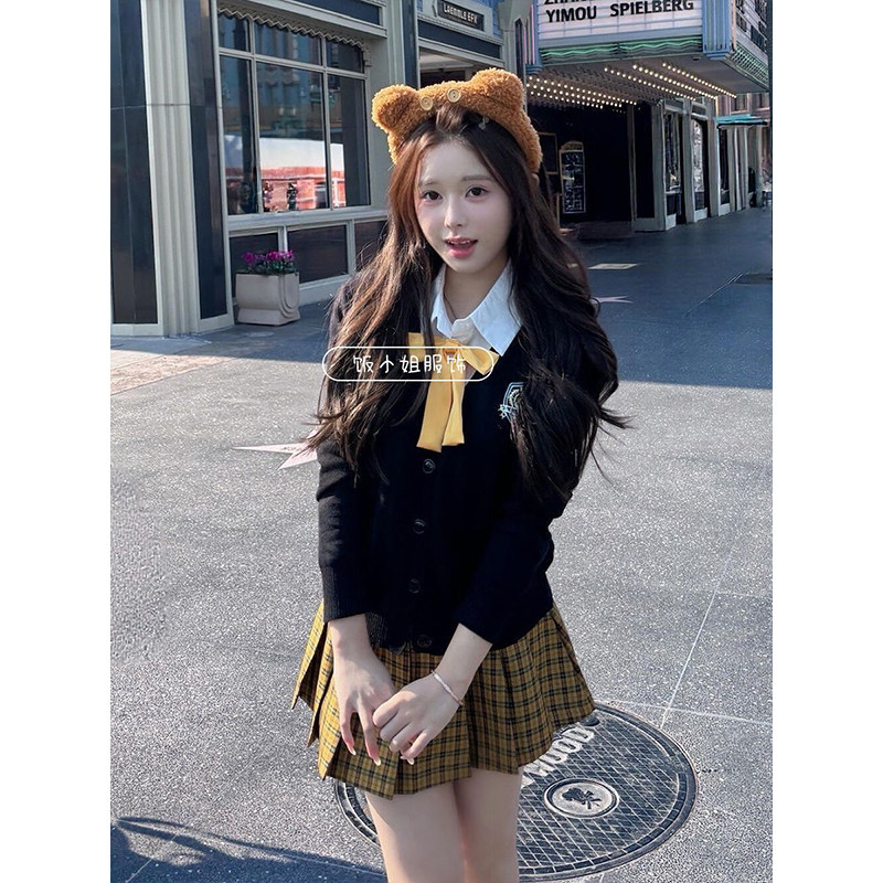 原创JK制服针织衫甜妹徽章短款黑色开衫毛衣百搭向日葵jk格裙套装