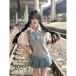 原创JK制服针织衫马甲背心v领学院风叠穿衬衫上衣松蓝短裙套装女
